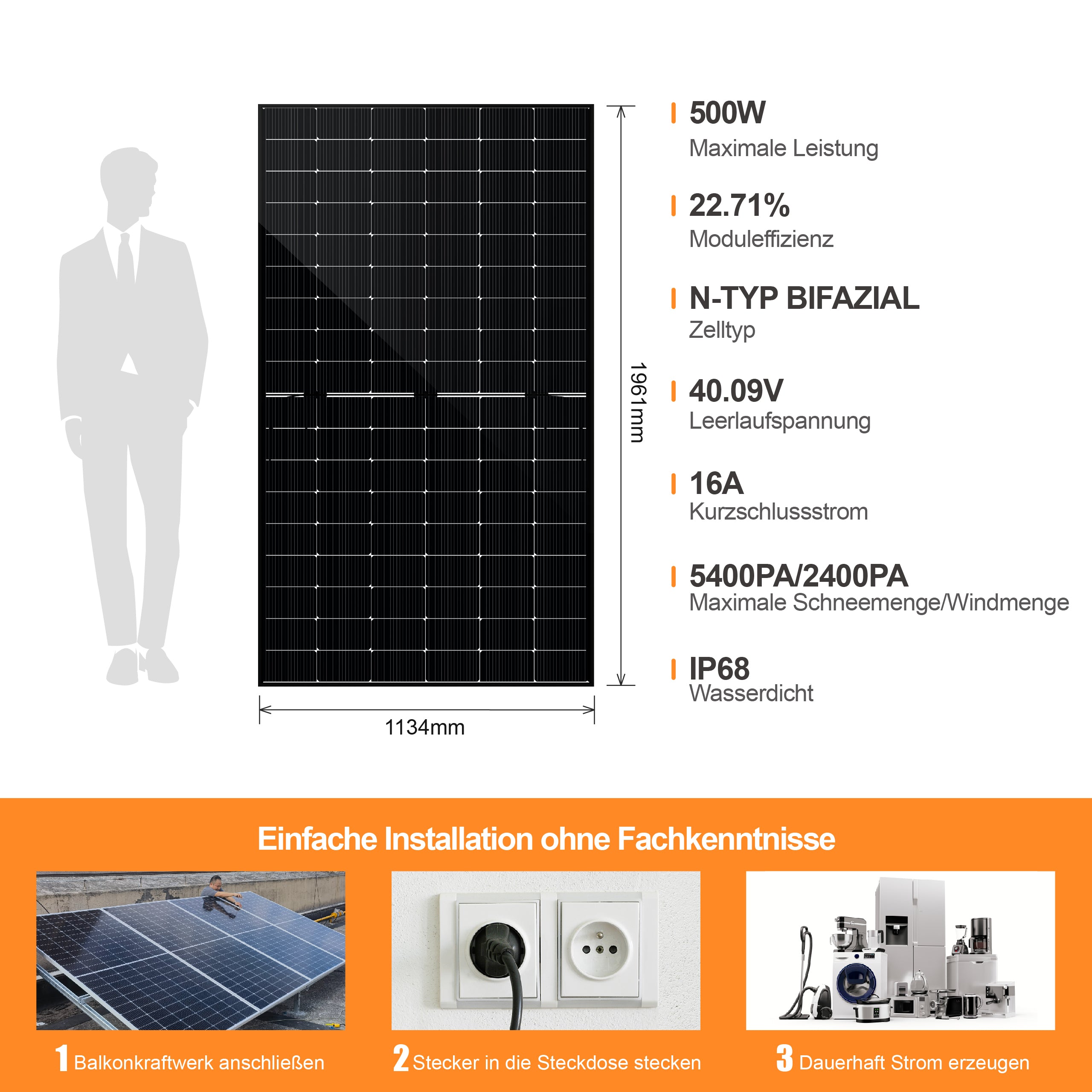SAKETE Balkonkraftwerk 1000W+200W Glas-Glas Komplettset mit 3in1 Halterung