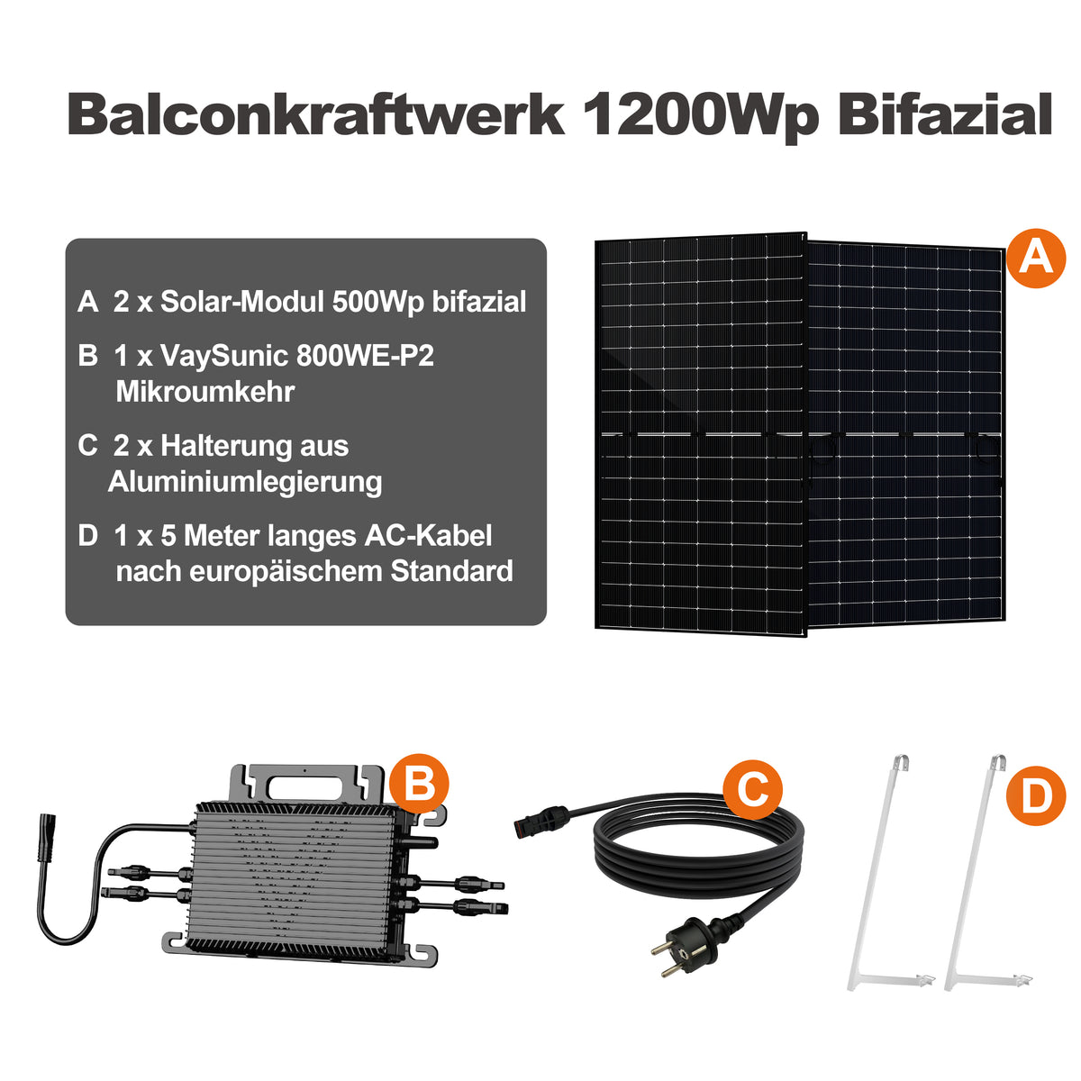 SAKETE Balkonkraftwerk 1000W+200W Glas-Glas Komplettset mit 3in1 Halterung
