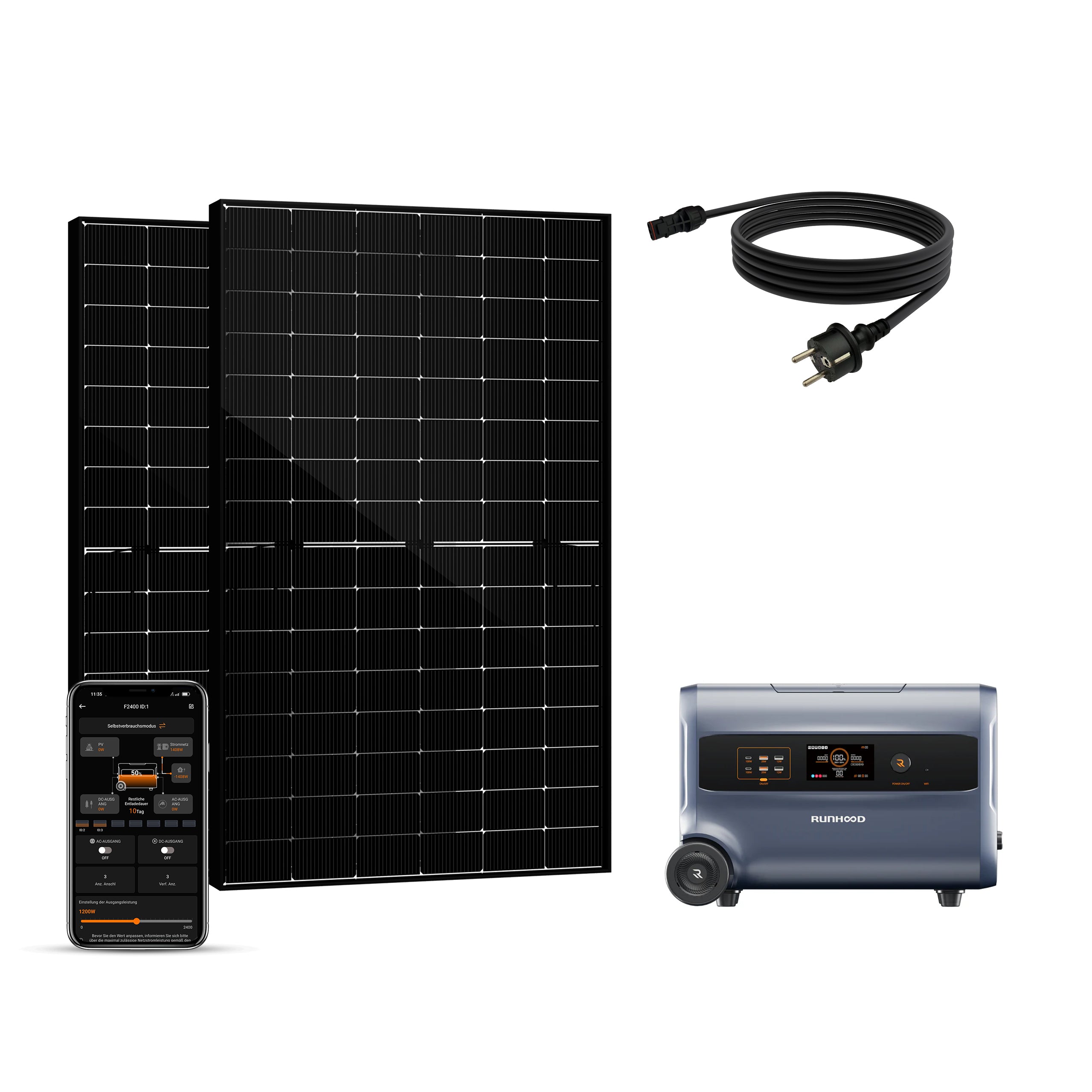 Balkonkraftwerk mit Speicher 900W+180W - inkl. RUNHOOD F2400 (3 IN 1)