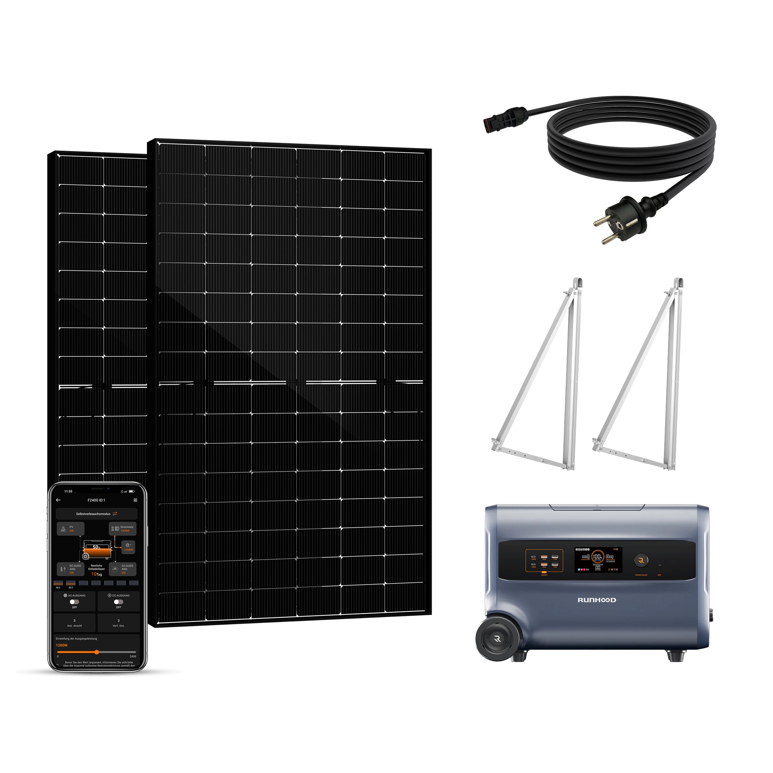 Balkonkraftwerk mit Speicher 2000W+400W - inkl. RUNHOOD F2400 (3 IN 1)