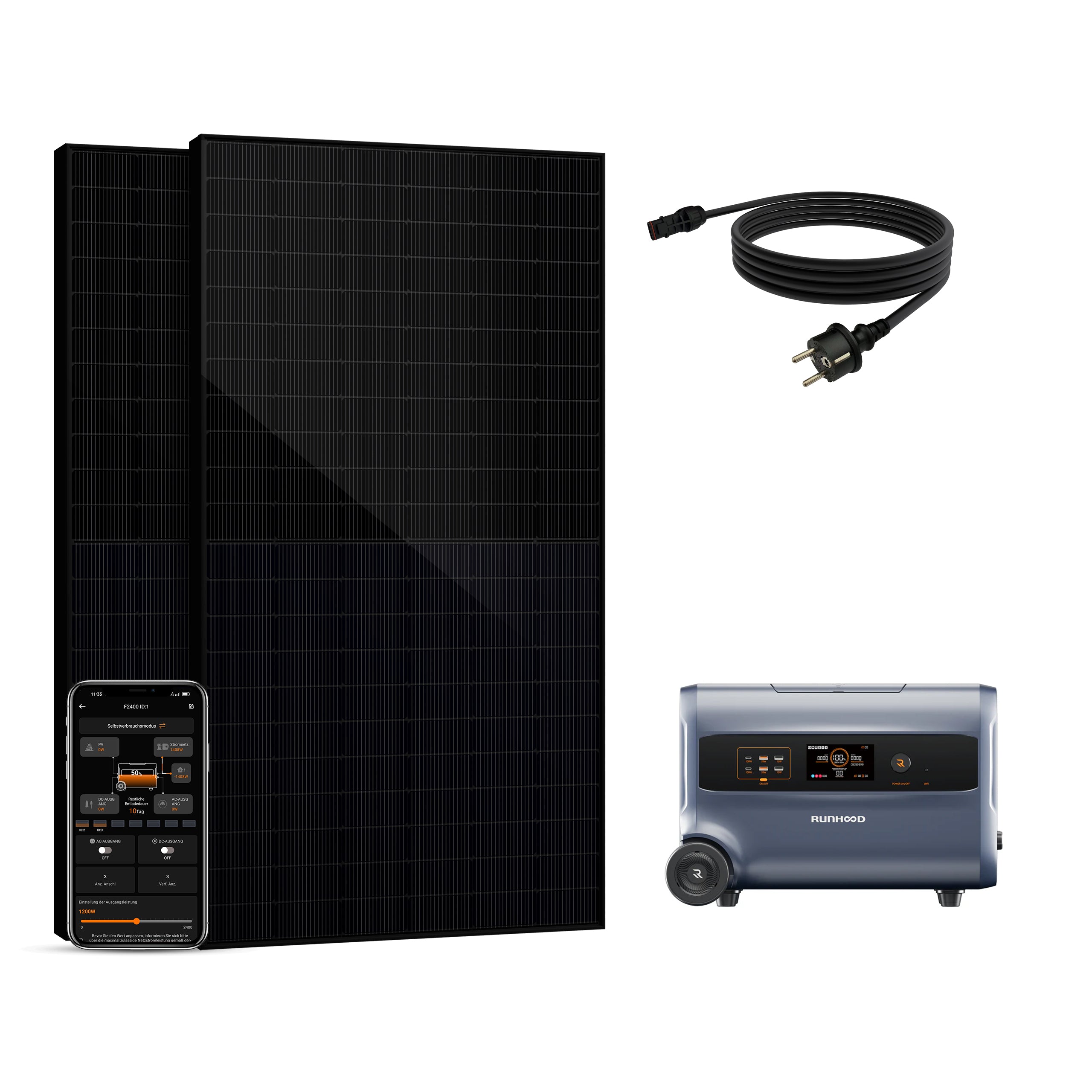 Balkonkraftwerk mit Speicher 1000W - inkl. RUNHOOD F2400 (3 IN 1)