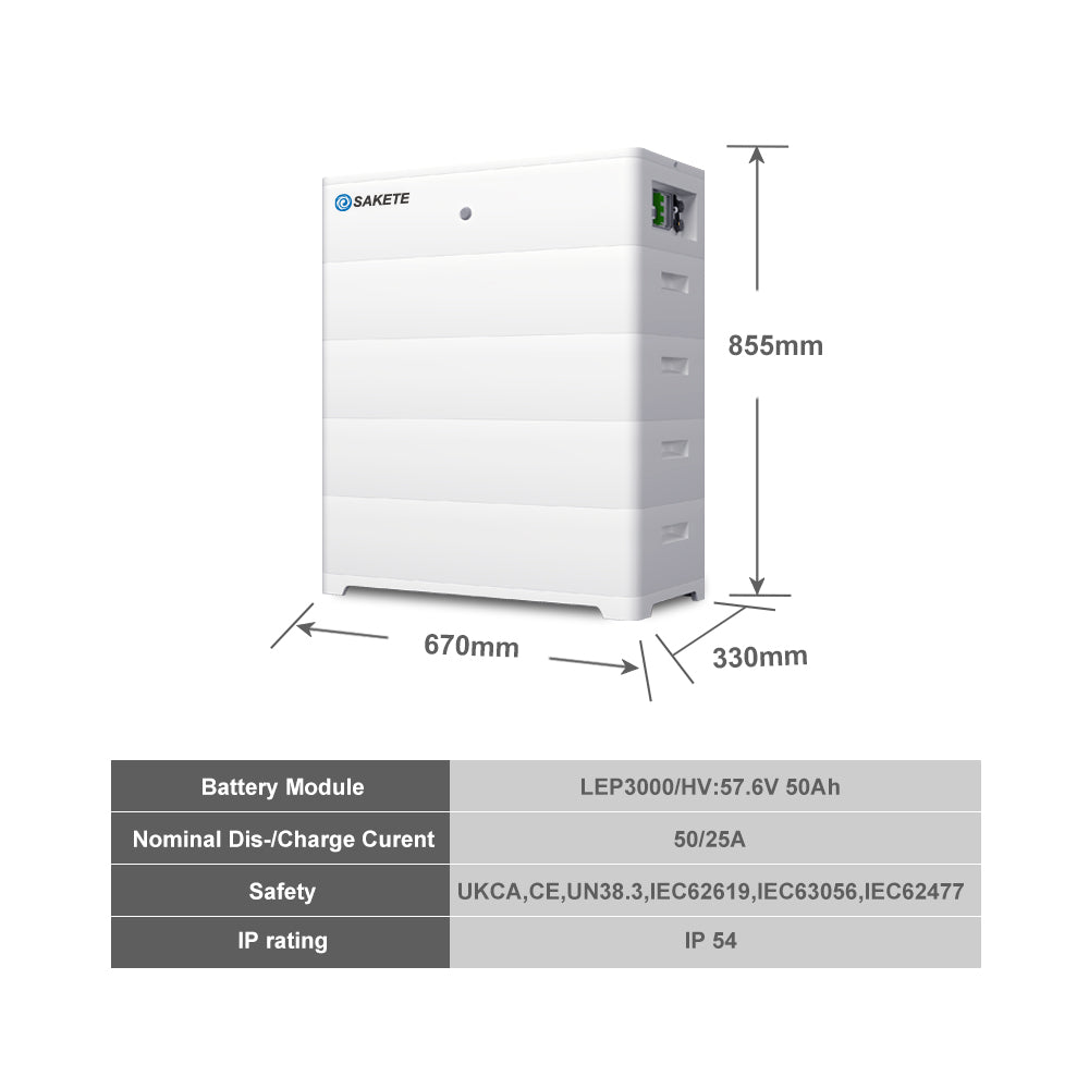 SAKETE Stapelbarer Solarspeicher LFP3000 / HV 57.6V 50Ah Jeder Block WIEDERAUFLADBARE LITHIUM-BATTERIE