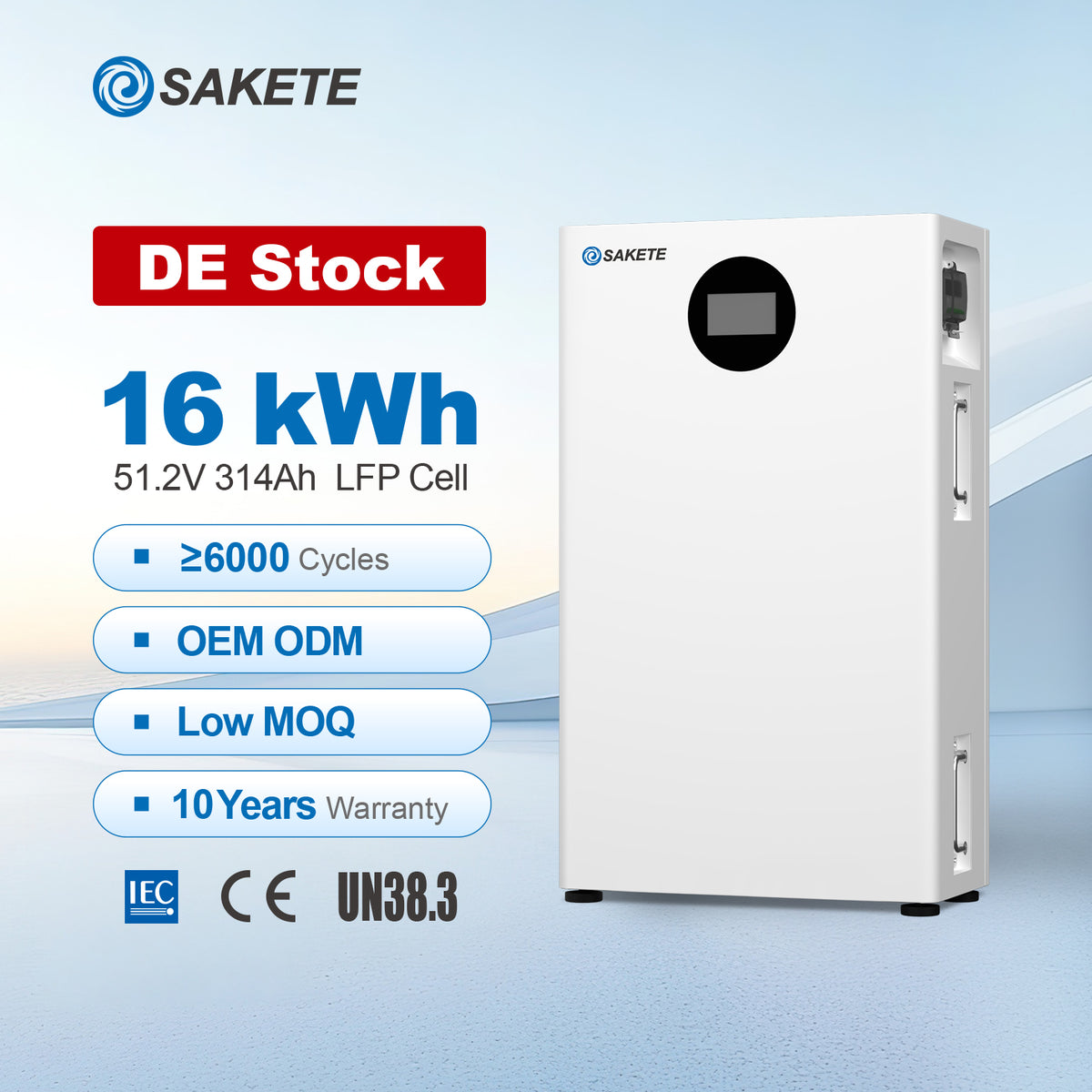 SAKETE Wandspeicher LFP‑16‑KWH / LV 51,2V 314Ah Wiederaufladbare Lithium‑Batterie