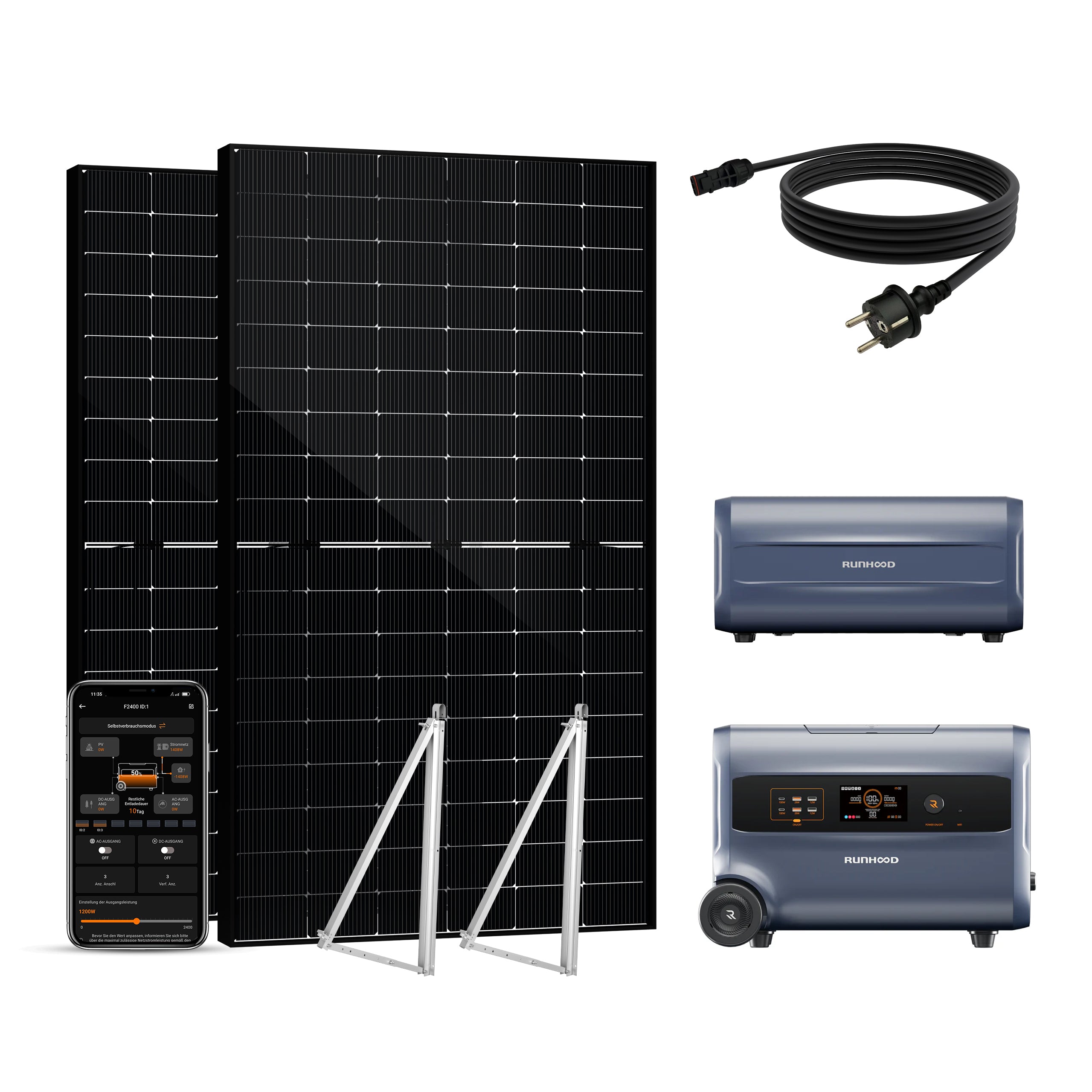 Balkonkraftwerk mit Speicher 1000W+200W - inkl. RUNHOOD F2400 (3 IN 1)