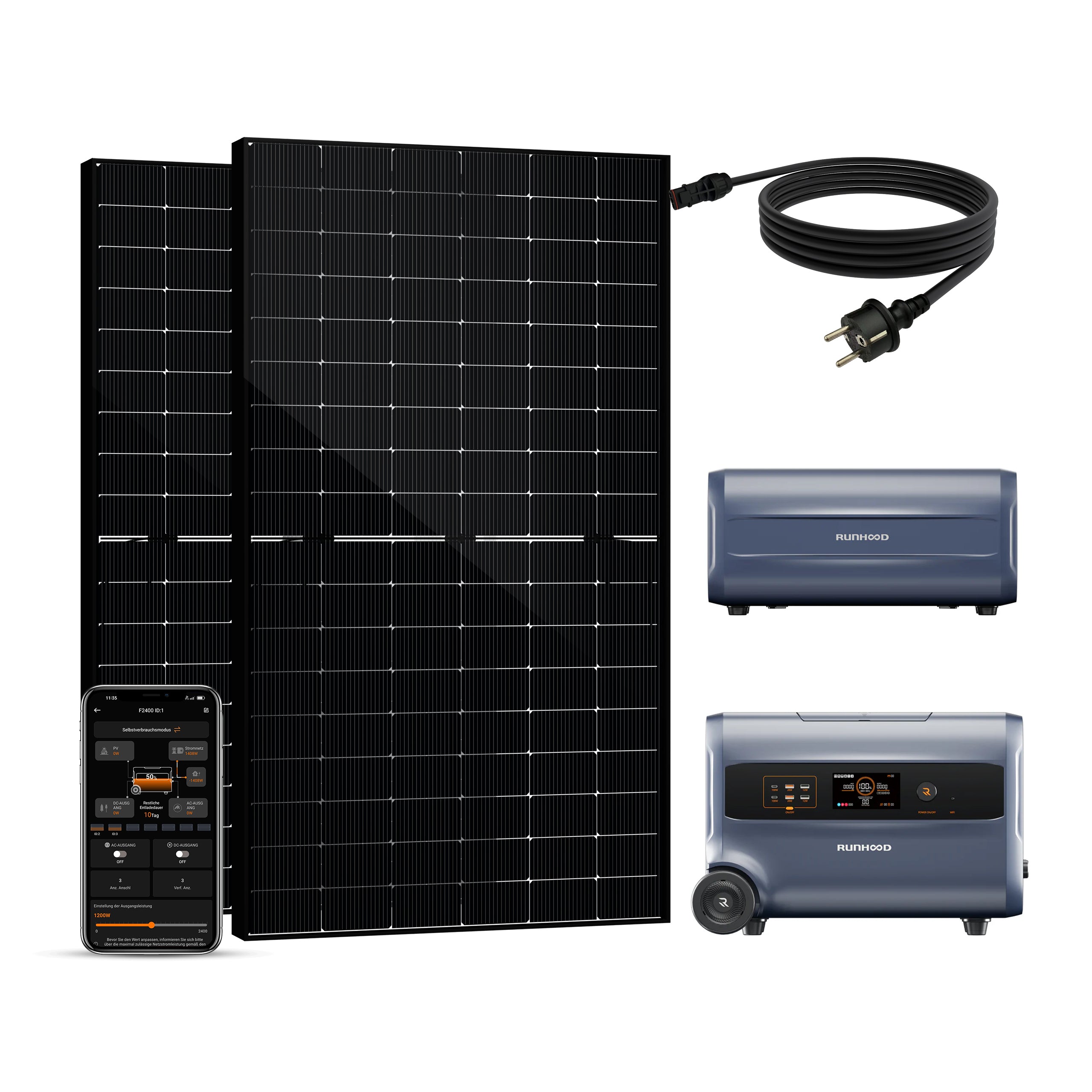 Balkonkraftwerk mit Speicher 1000W+200W - inkl. RUNHOOD F2400 (3 IN 1)