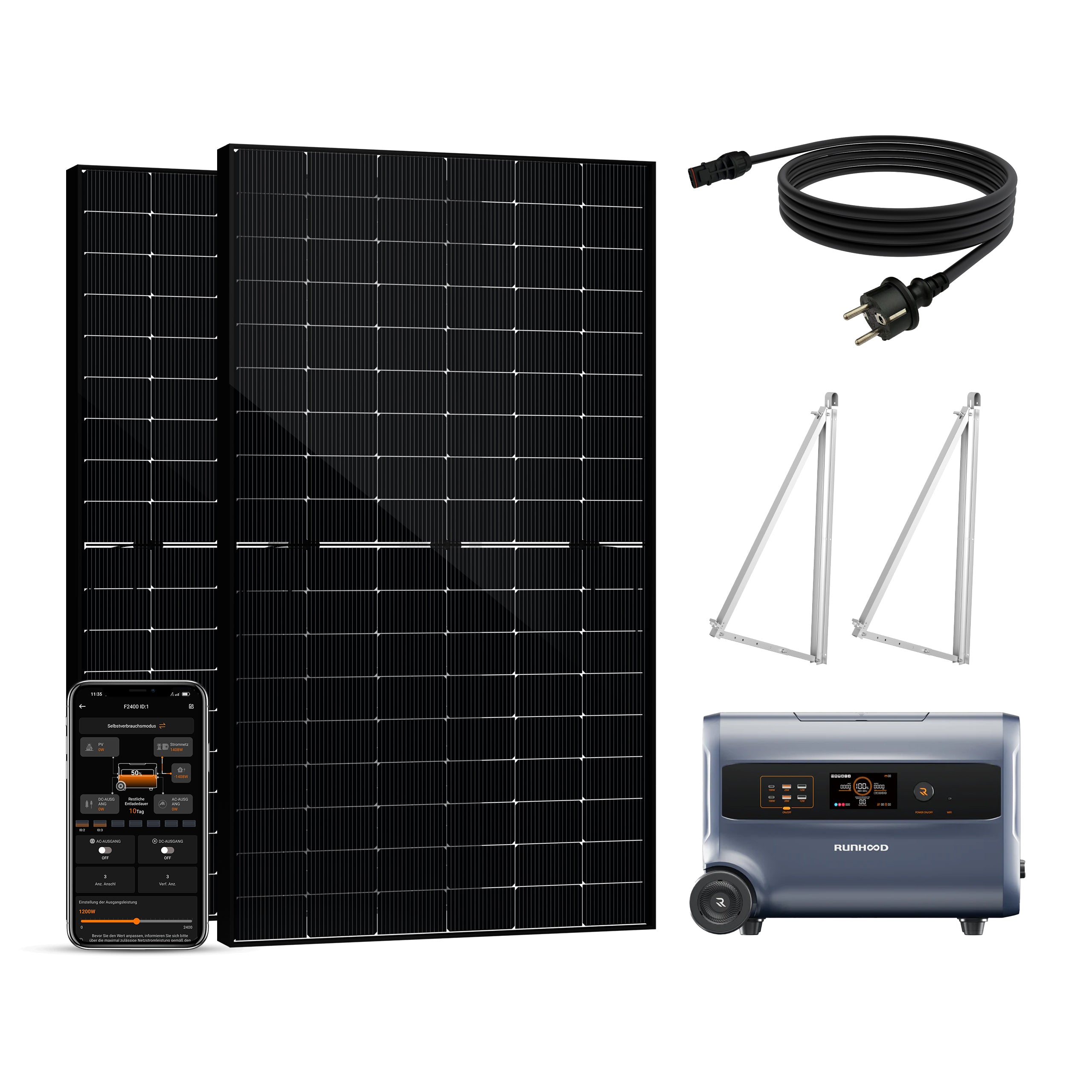 Balkonkraftwerk mit Speicher 1000W+200W - inkl. RUNHOOD F2400 (3 IN 1)