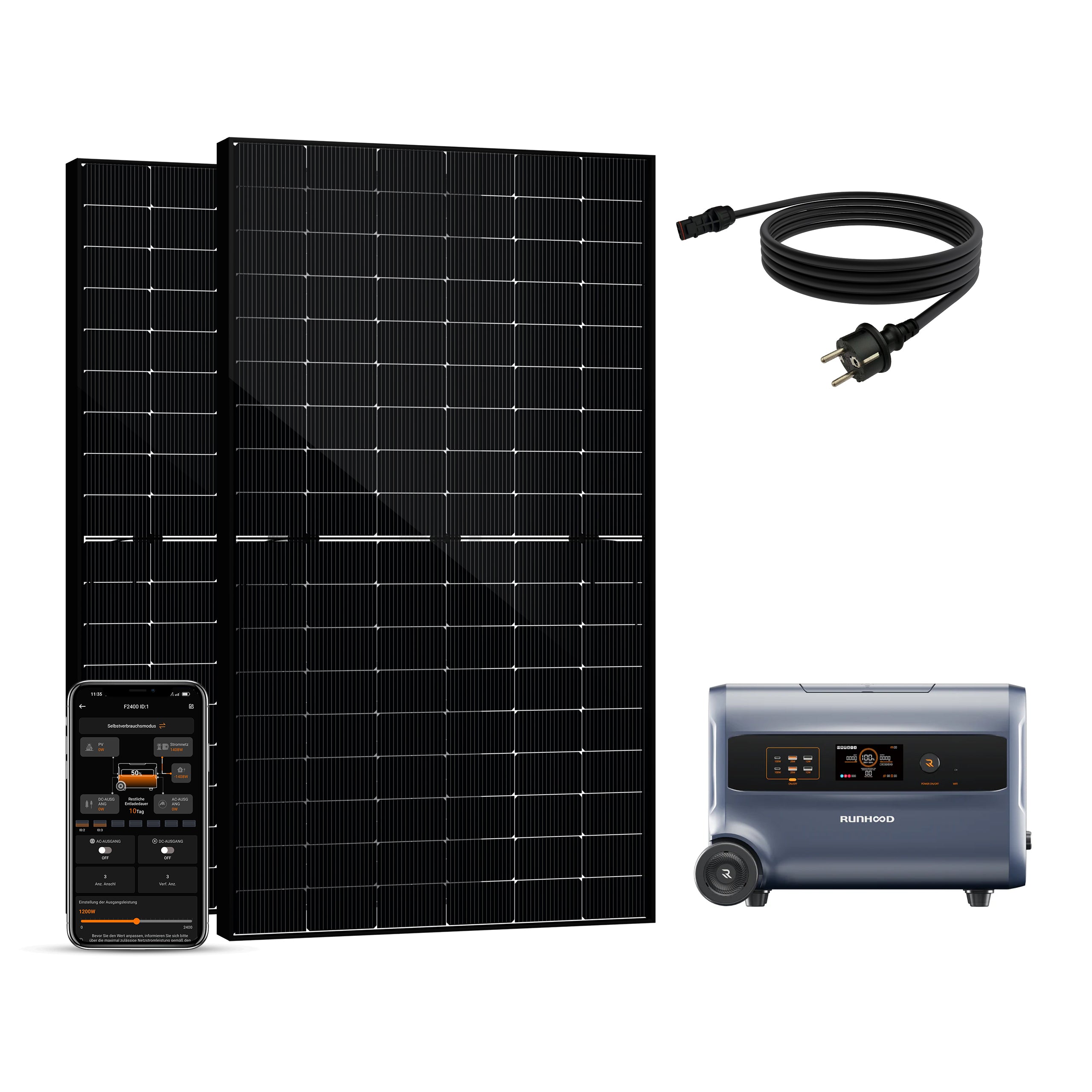 Balkonkraftwerk mit Speicher 1000W+200W - inkl. RUNHOOD F2400 (3 IN 1)
