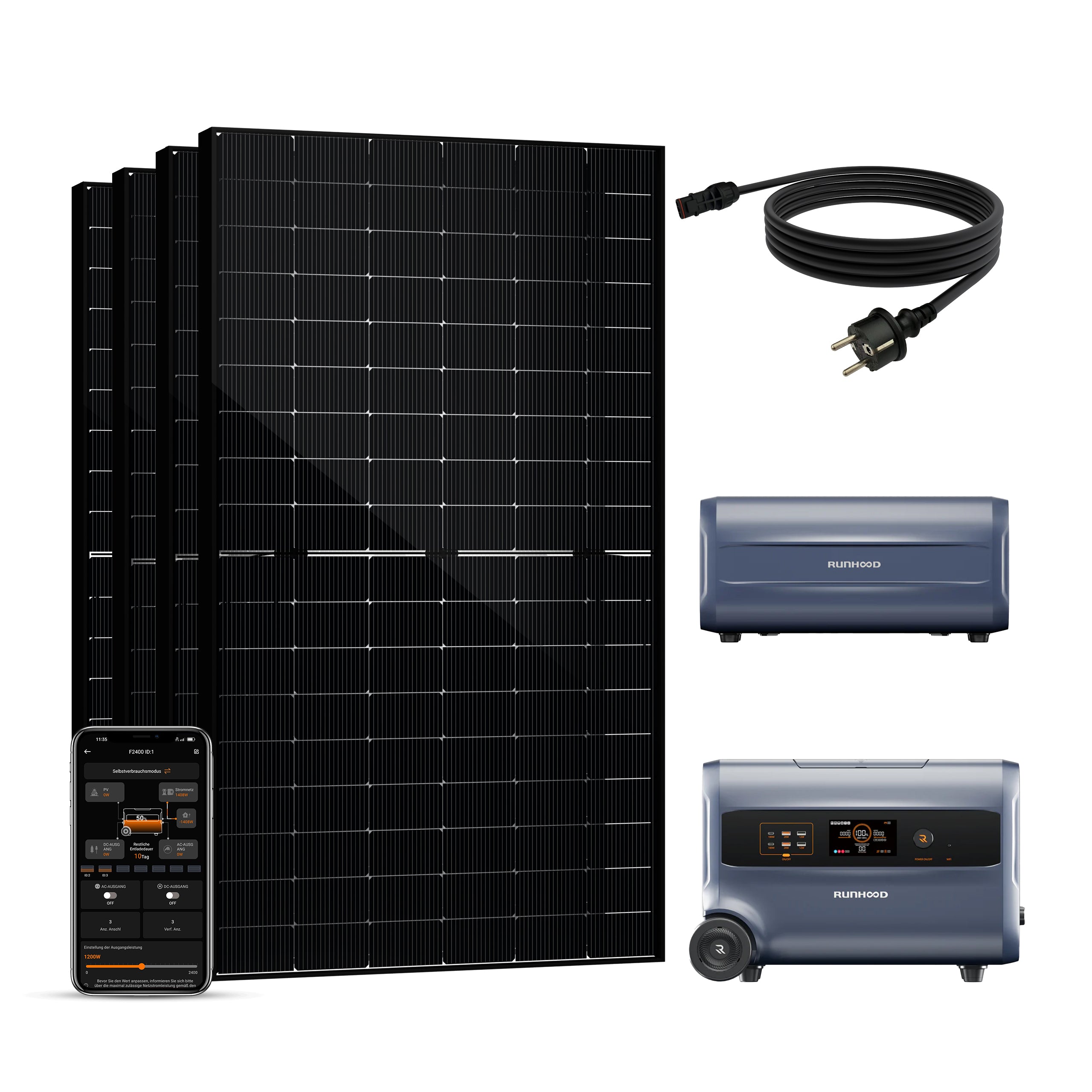 Balkonkraftwerk mit Speicher 2000W+400W - inkl. RUNHOOD F2400 (3 IN 1)