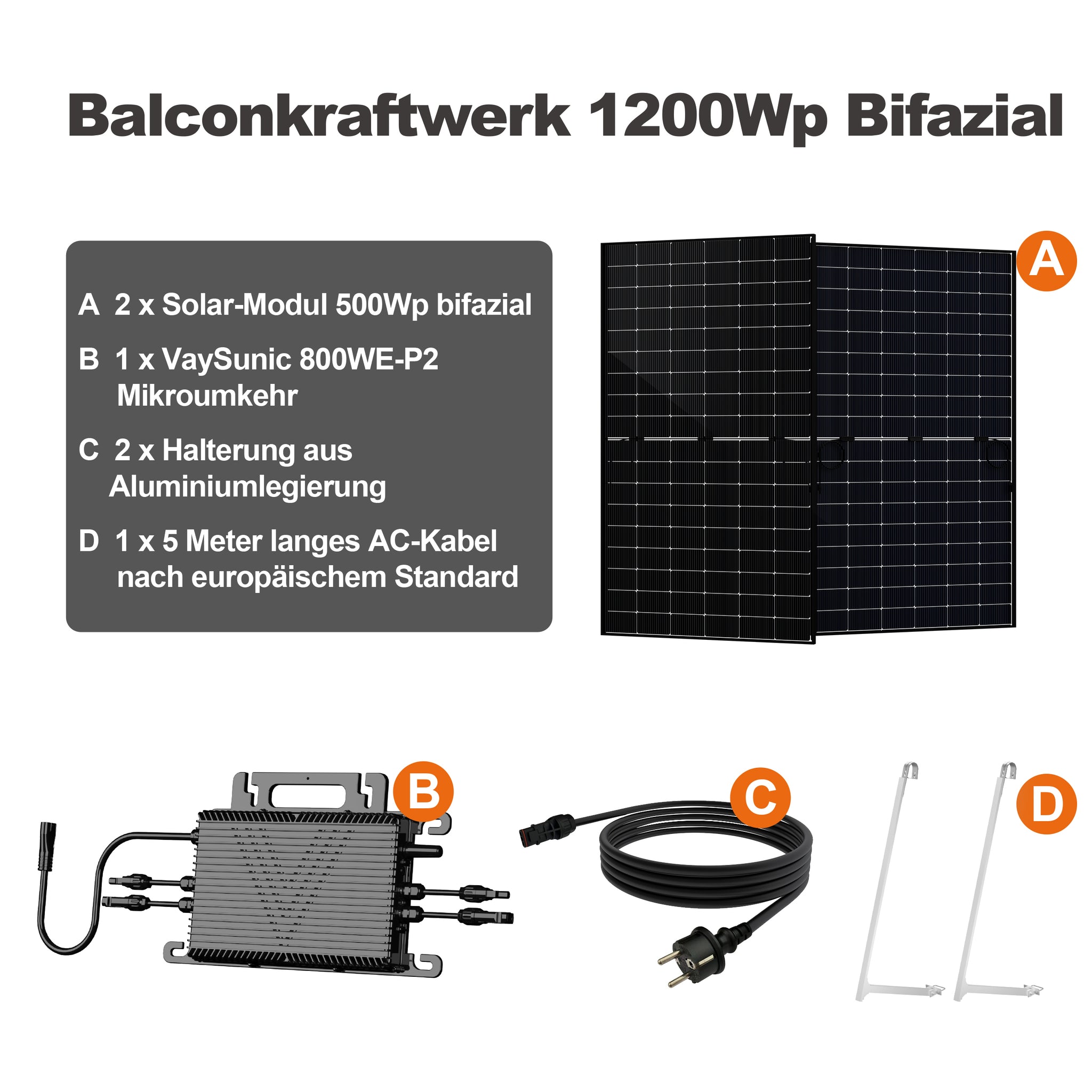 SAKETE Balkonkraftwerk 1000W+200W Glas-Glas Komplettset ohne Halterung