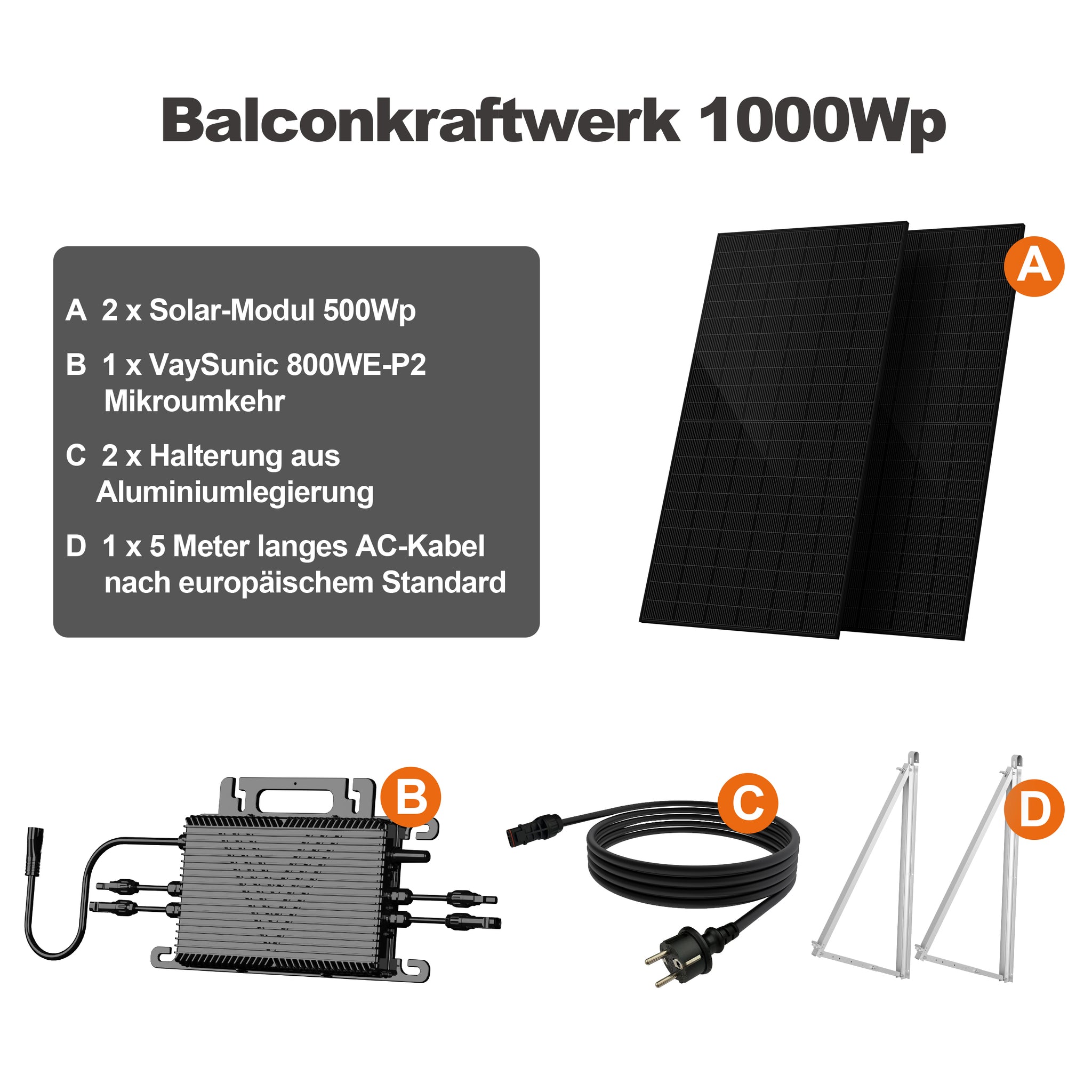 SAKETE Balkonkraftwerk 1000W Einseitiges Glas Komplettset mit 3in1 Halterung