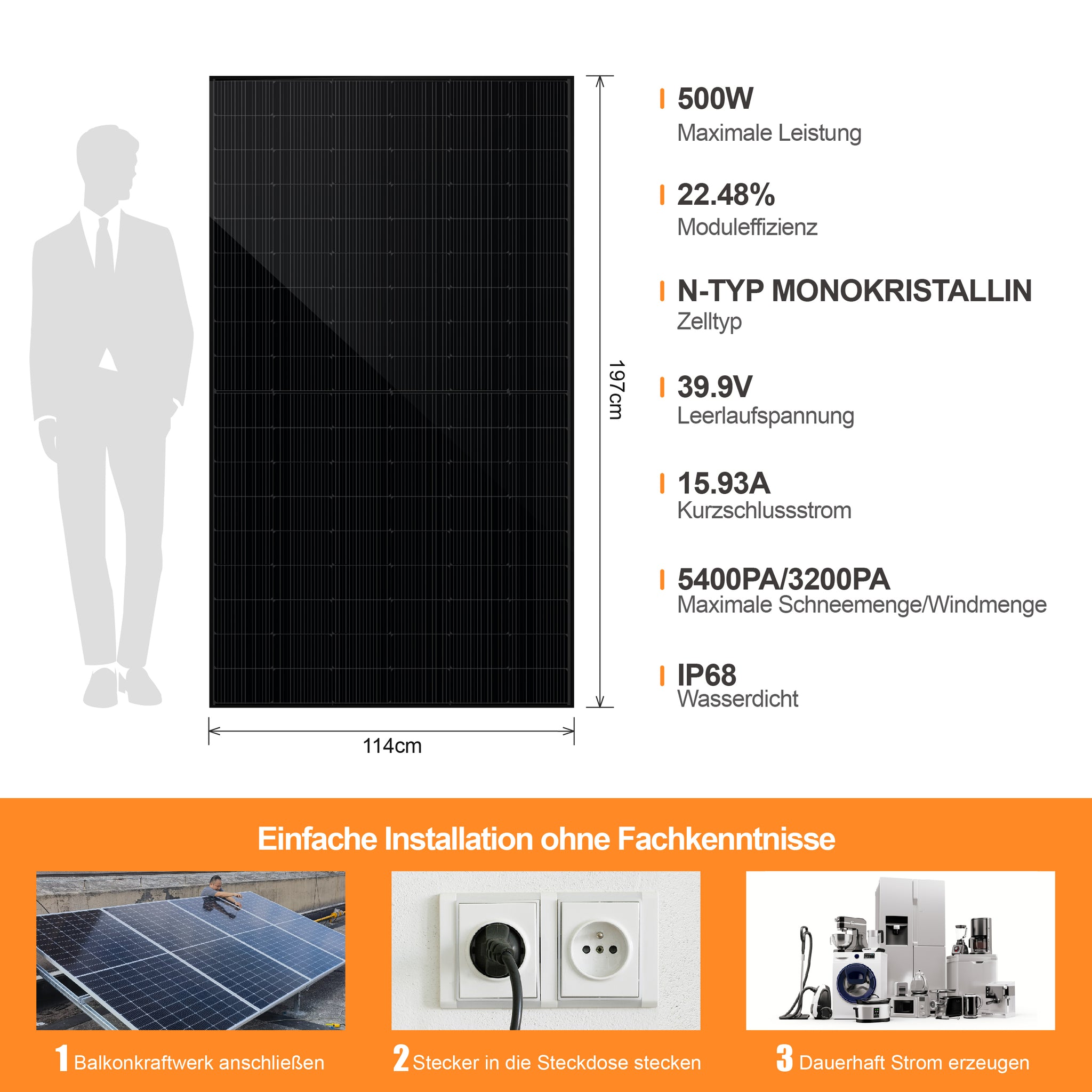 SAKETE Balkonkraftwerk 1000W Einseitiges Glas Komplettset ohne Halterung