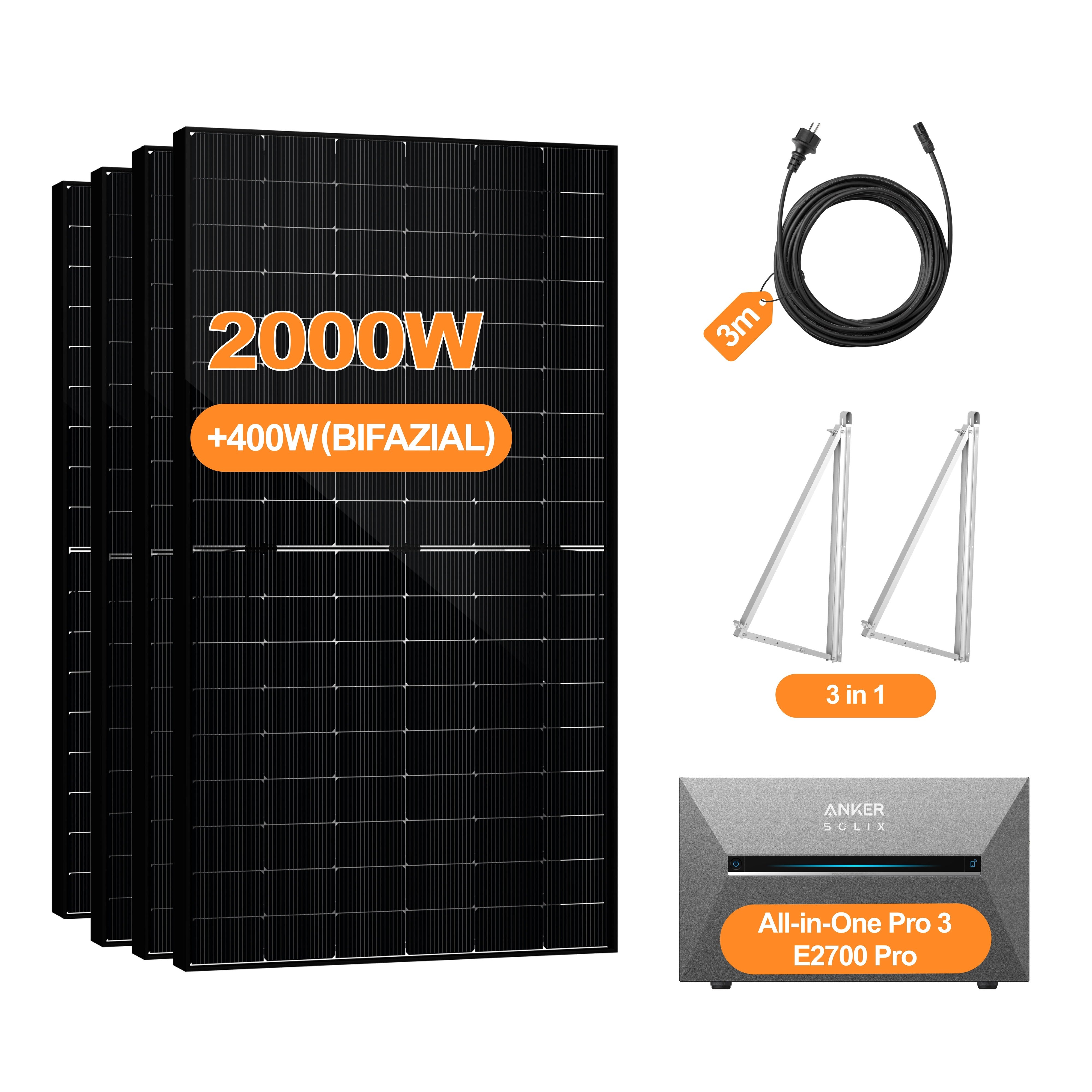2000W+400W Balkonkraftwerk mit Speicher, Anker Solix Solarbank 3 E2700 Pro 2,68kWh