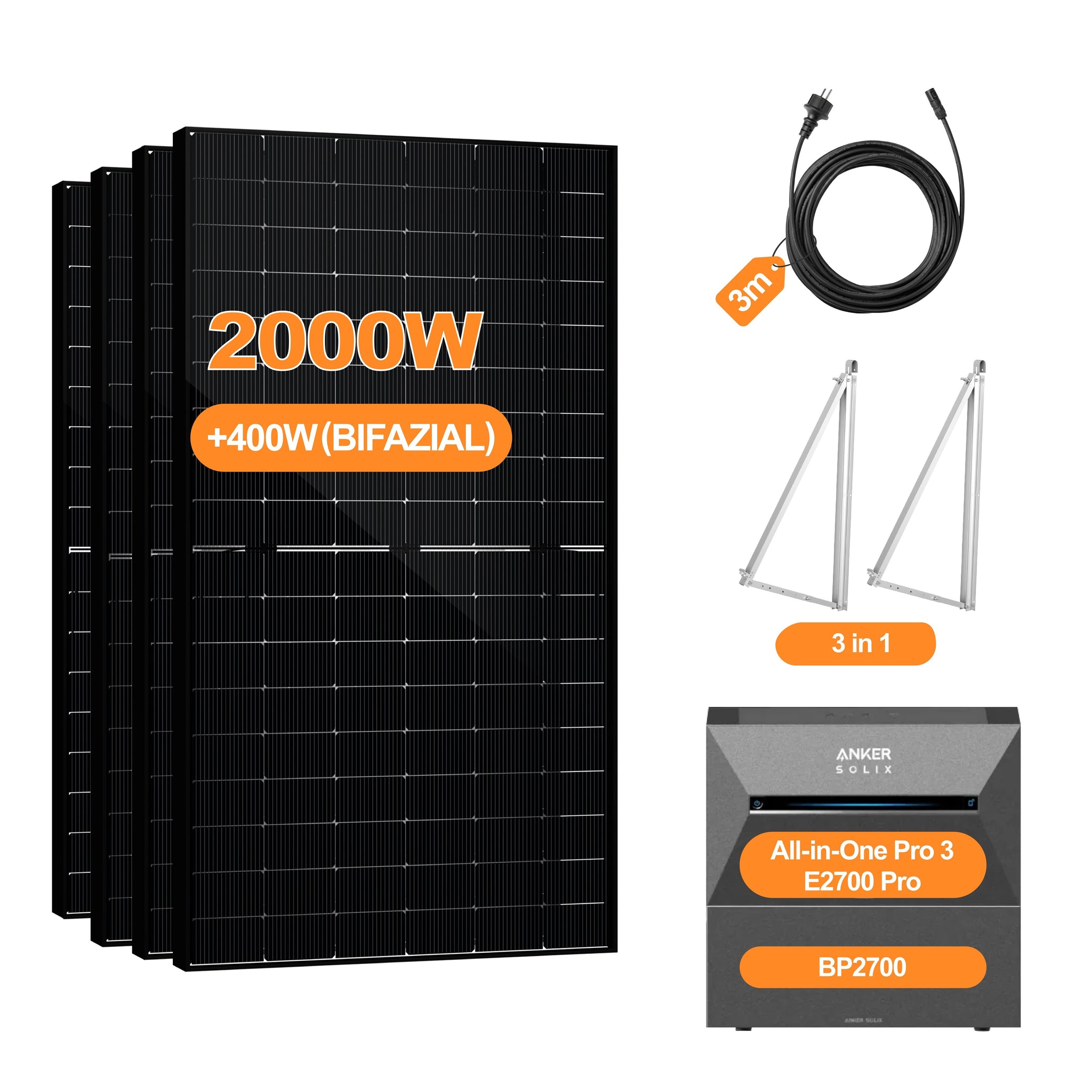 2000W+400W Balkonkraftwerk mit Speicher, Anker Solix Solarbank 3 E2700 Pro 2,68kWh