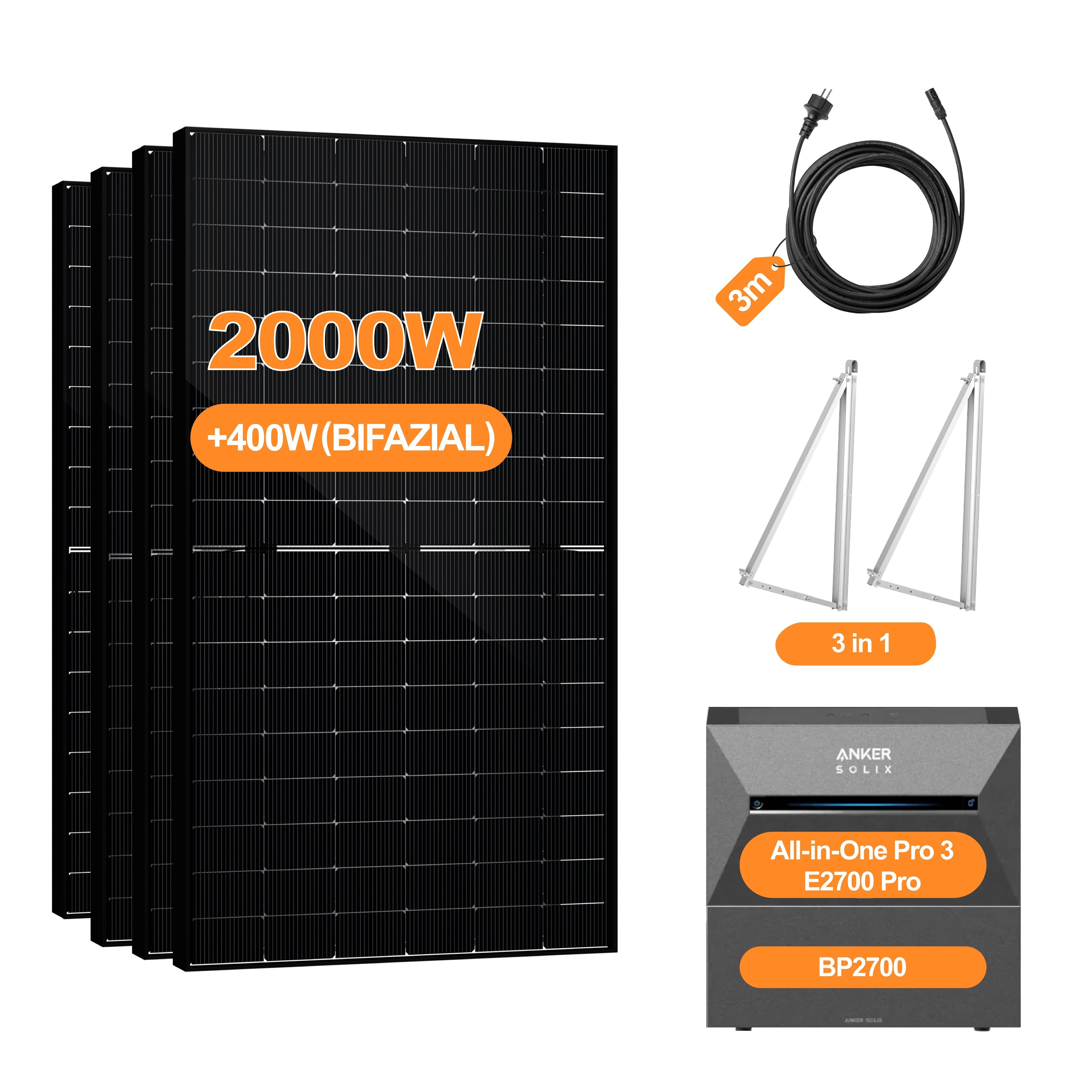 2000W+400W Balkonkraftwerk mit Speicher, Anker Solix Solarbank 3 E2700 Pro 2,68kWh