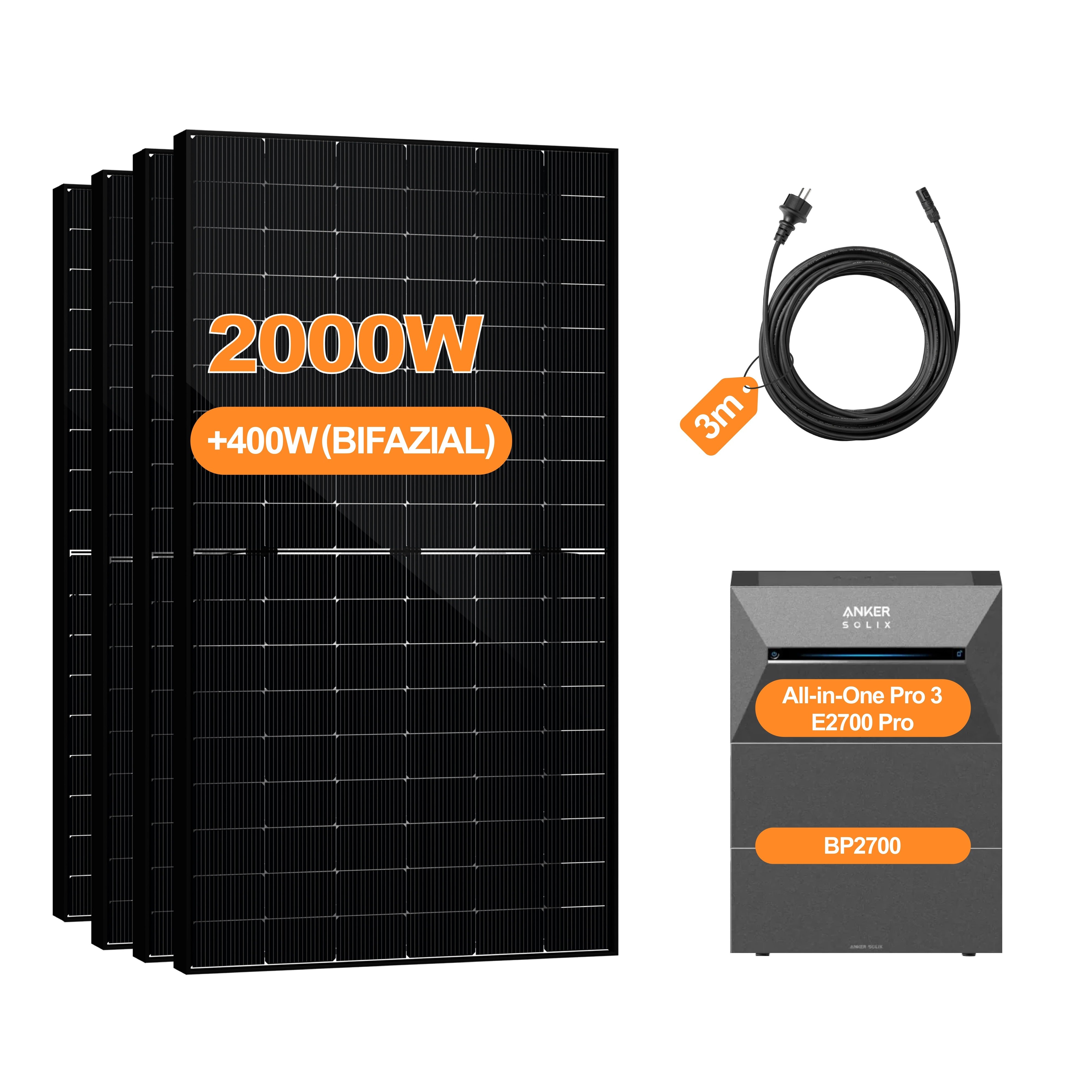 2000W+400W Balkonkraftwerk mit Speicher, Anker Solix Solarbank 3 E2700 Pro 2,68kWh