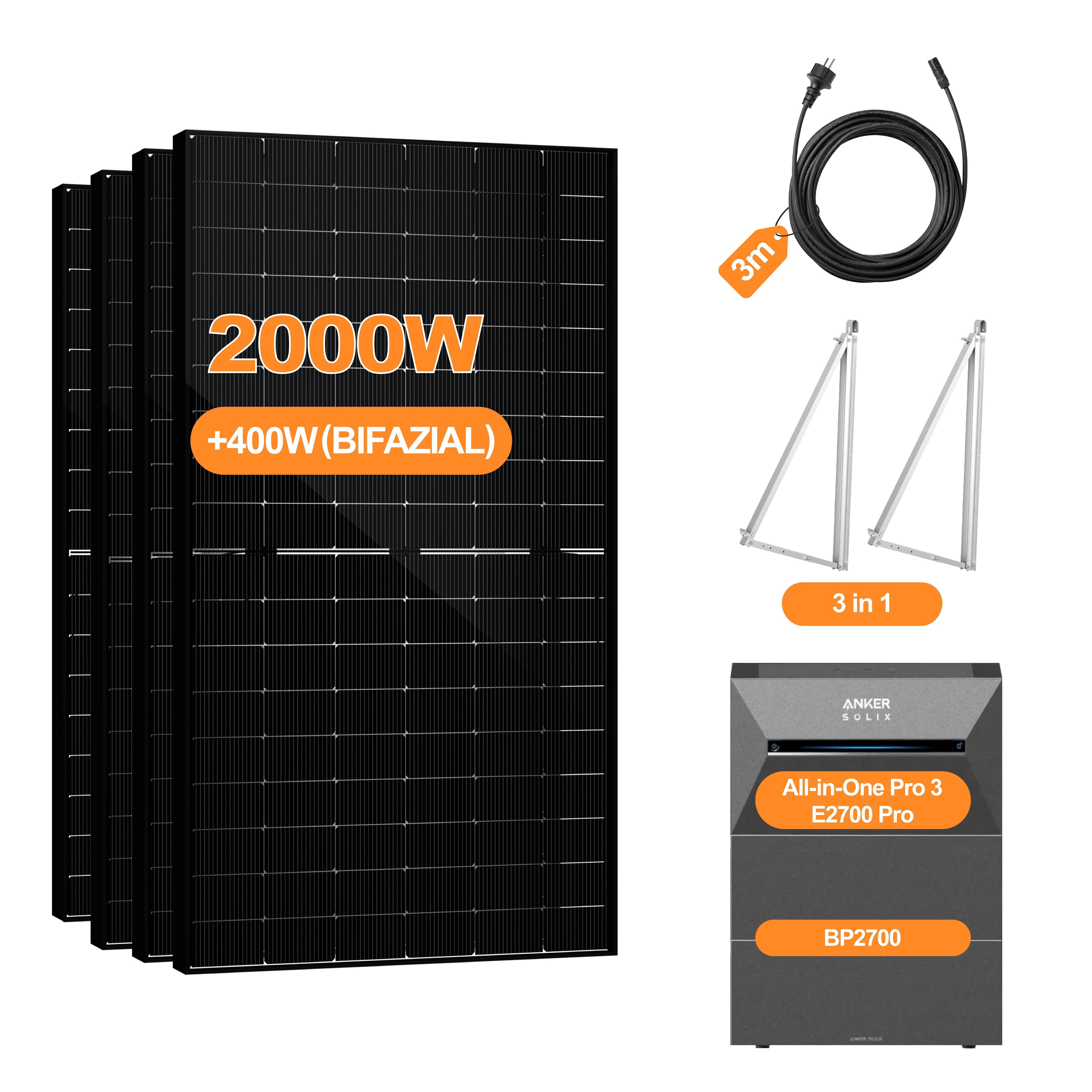 2000W+400W Balkonkraftwerk mit Speicher, Anker Solix Solarbank 3 E2700 Pro 2,68kWh