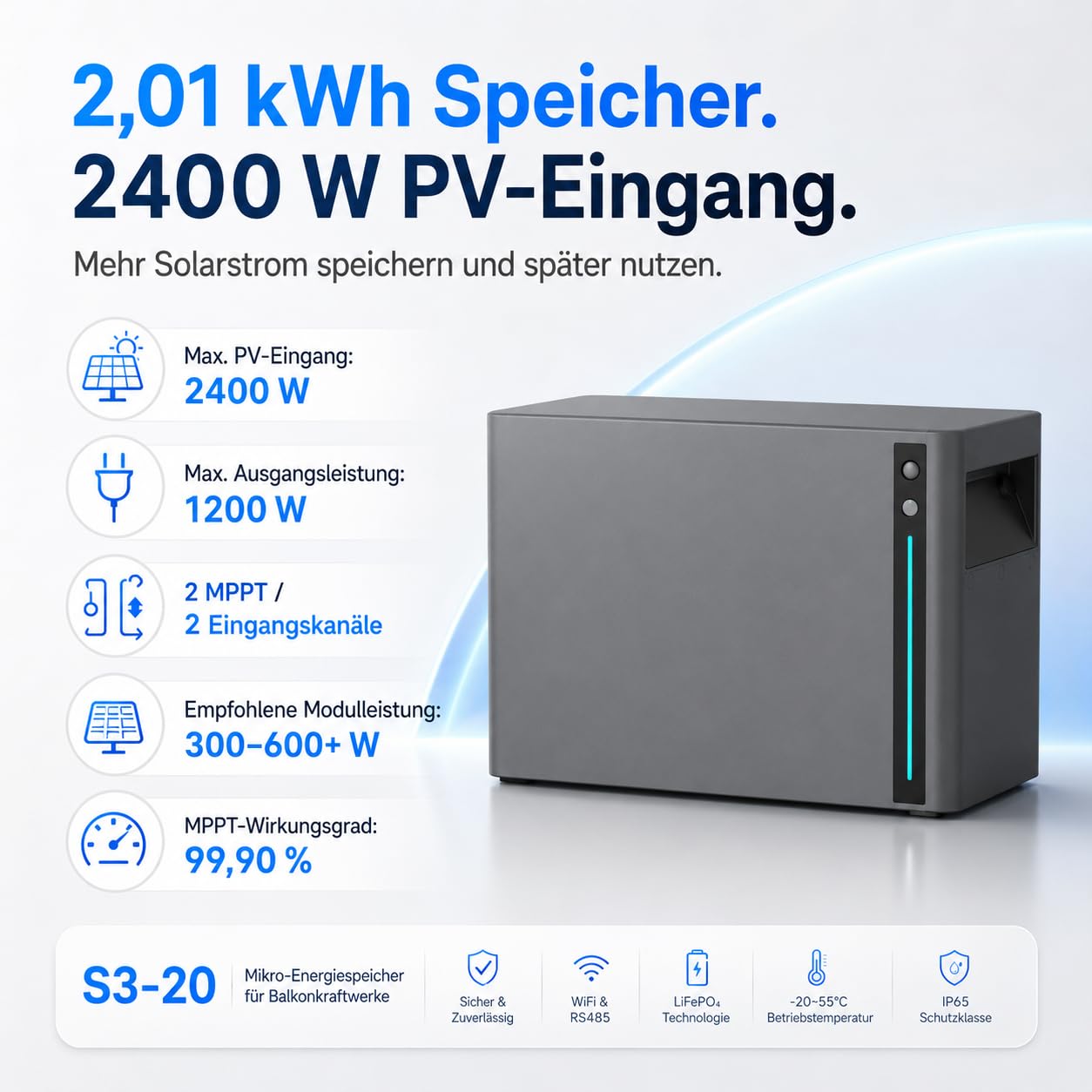 Balkonkraftwerk mit Speicher 1000W – 2× 500W Full Black, Elecway 800W Wechselrichter + S3-20 2,01 kWh