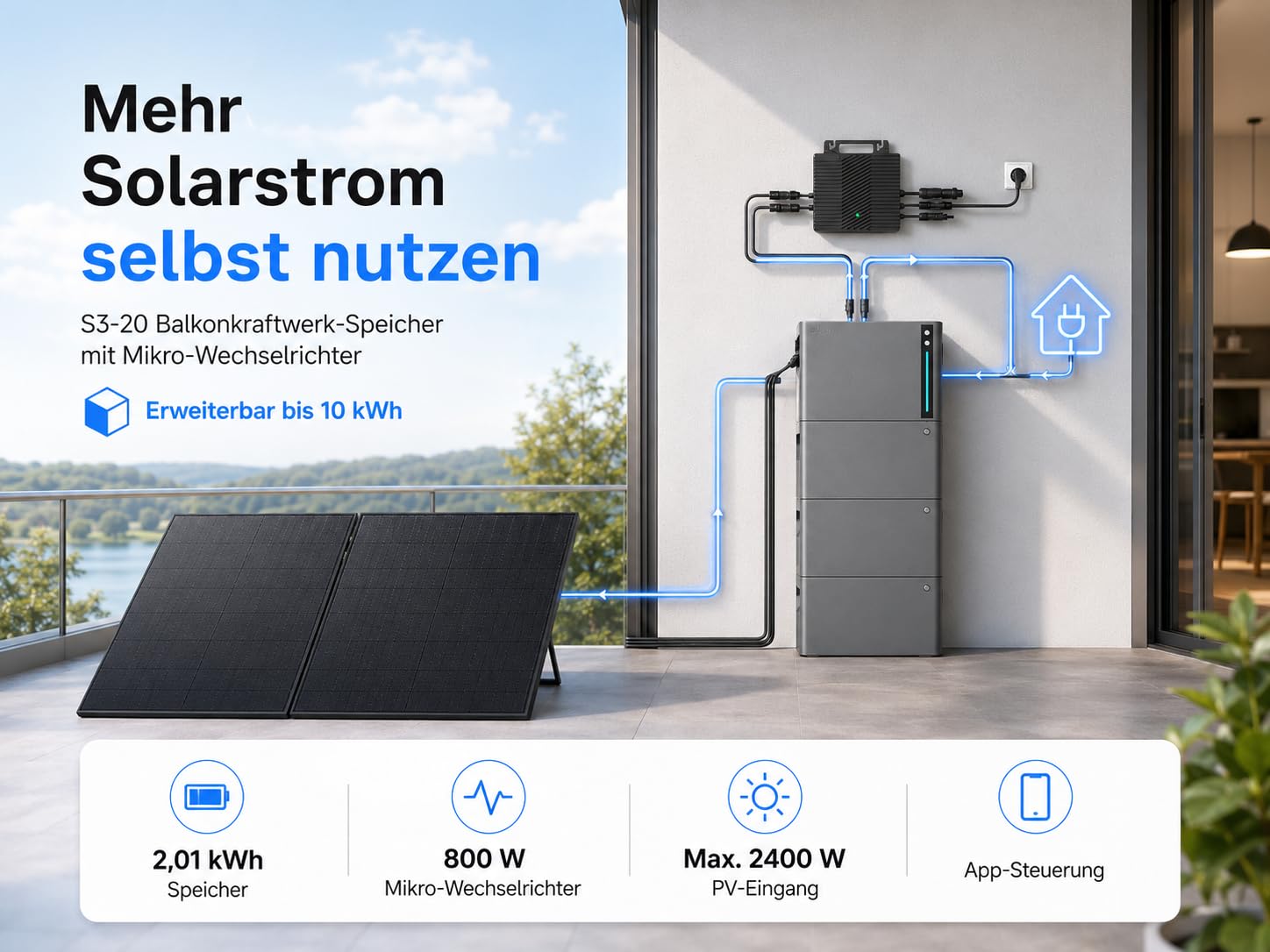 Balkonkraftwerk mit Speicher 1000W – 2× 500W Full Black, Elecway 800W Wechselrichter + S3-20 2,01 kWh