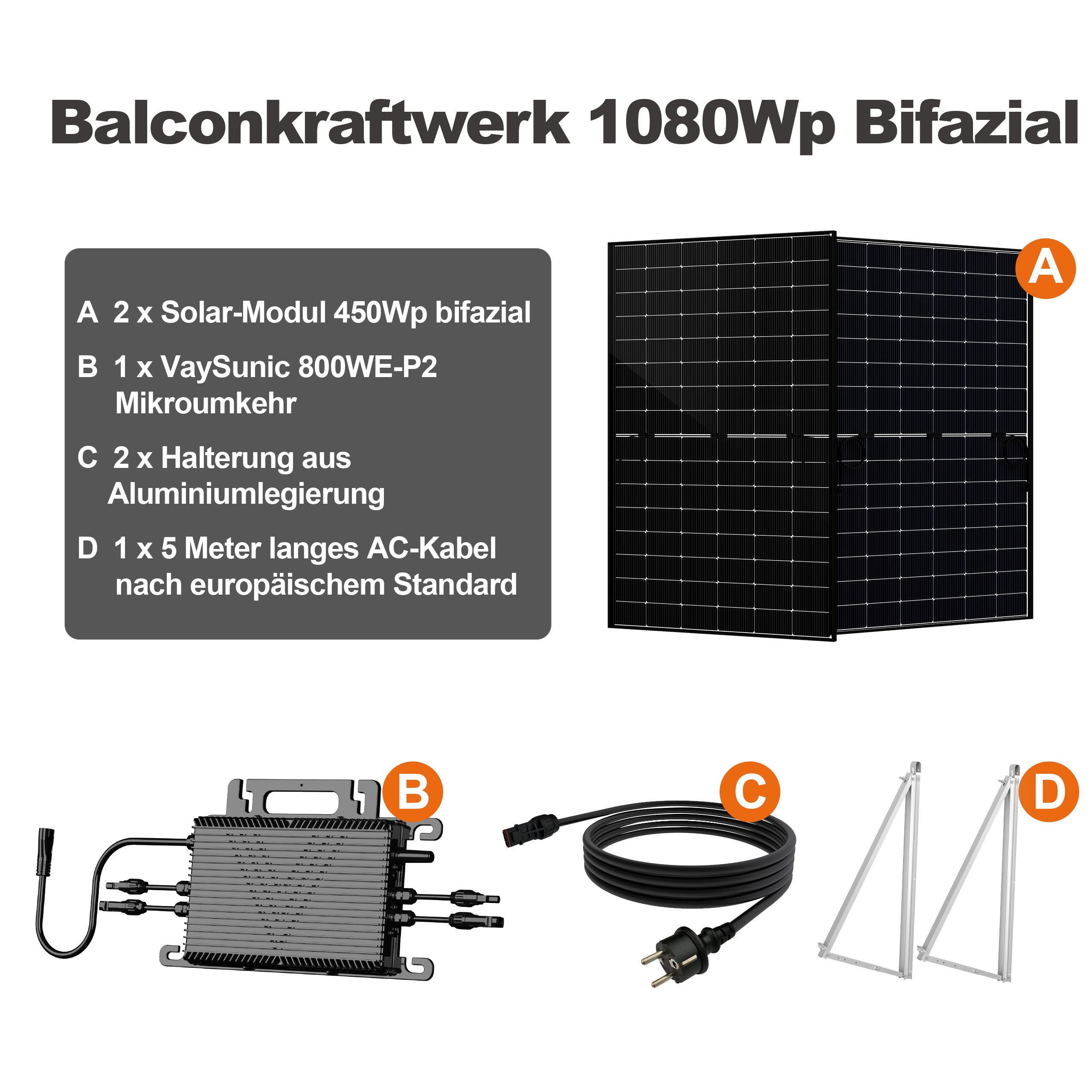 SAKETE Balkonkraftwerk 900W+180W Glas-Glas Komplettset mit 3in1 Halterung