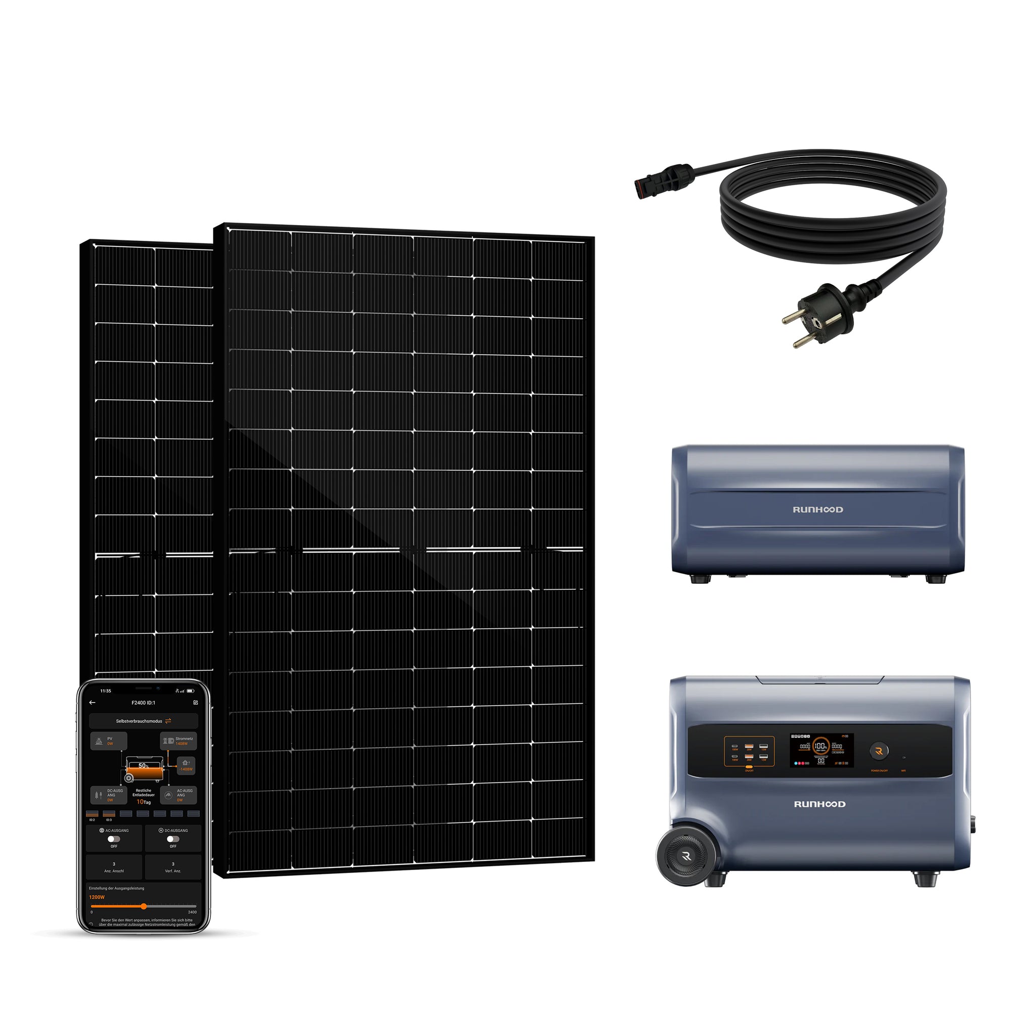 Balkonkraftwerk mit Speicher 900W+180W - inkl. RUNHOOD F2400 (3 IN 1)
