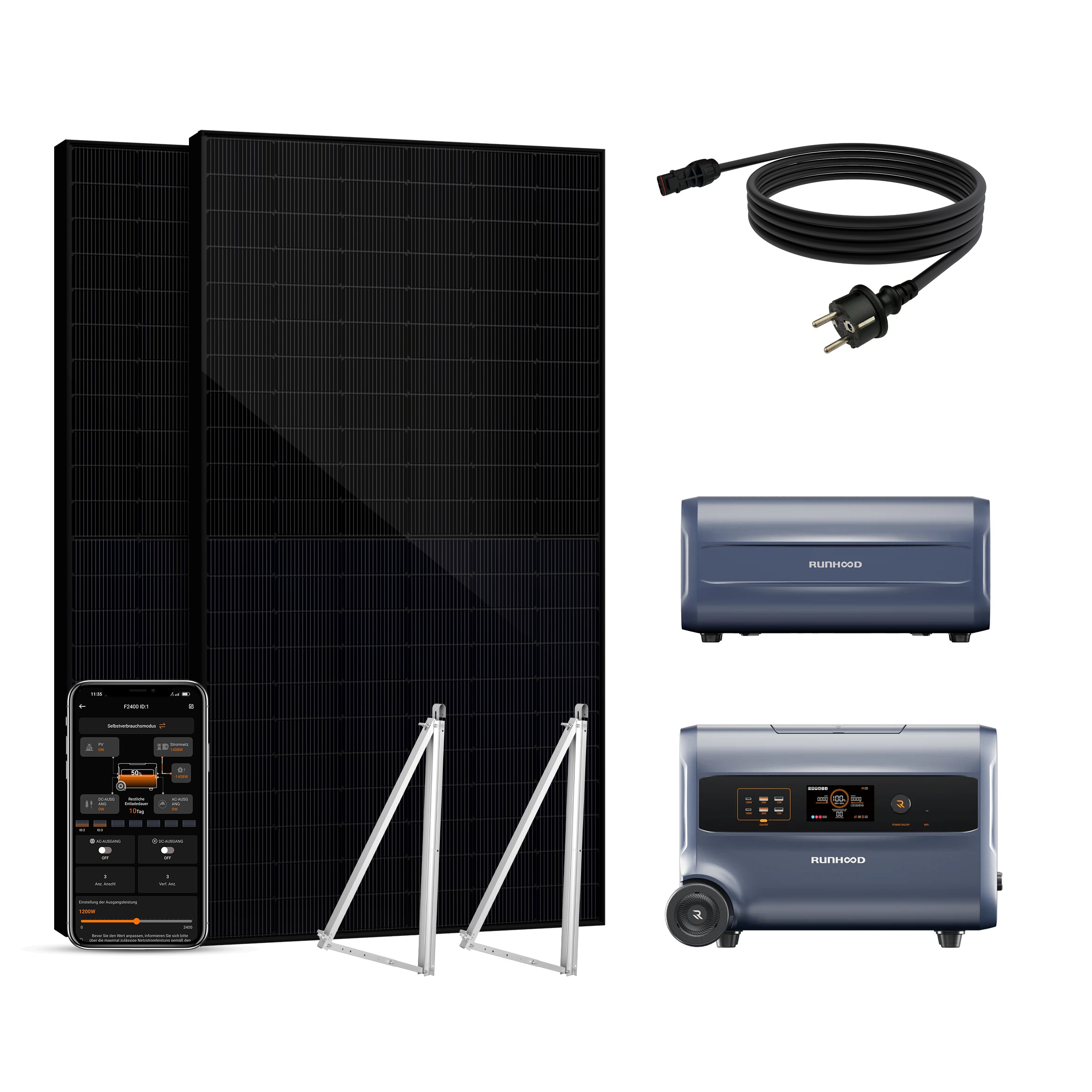 Balkonkraftwerk mit Speicher 1000W - inkl. RUNHOOD F2400 (3 IN 1)