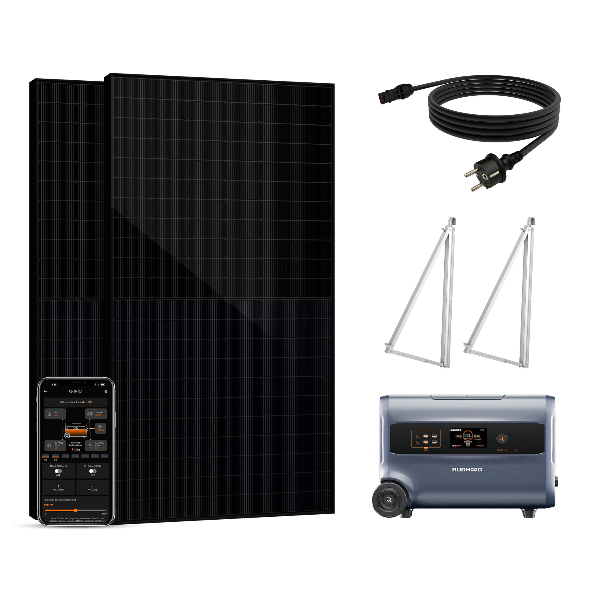 Balkonkraftwerk mit Speicher 1000W - inkl. RUNHOOD F2400 (3 IN 1)