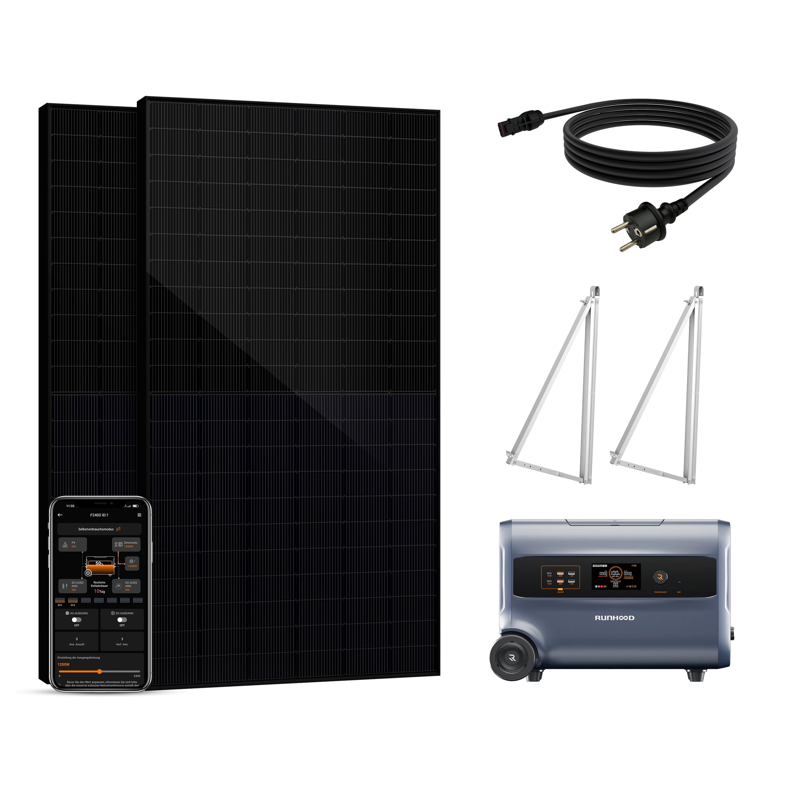 Balkonkraftwerk mit Speicher 1000W - inkl. RUNHOOD F2400 (3 IN 1)