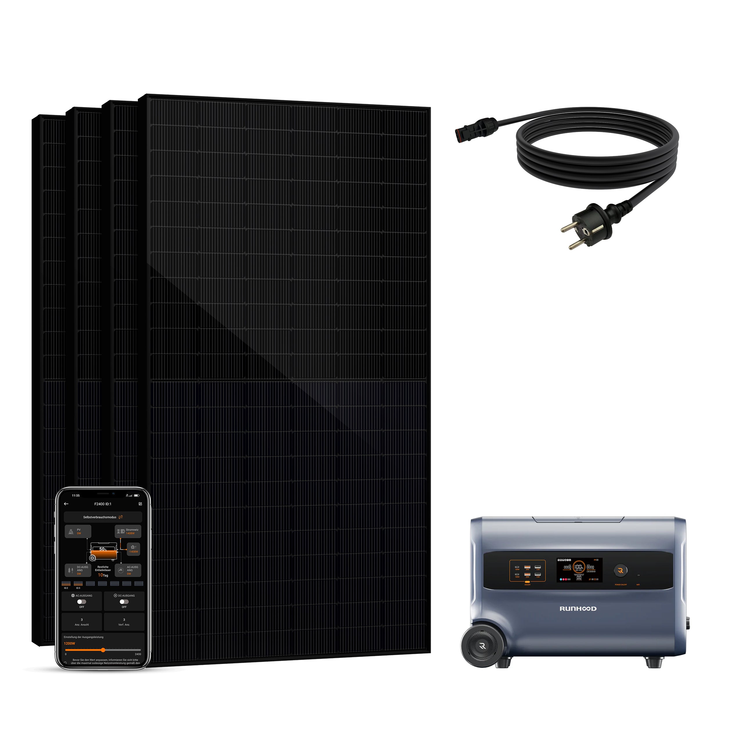 Balkonkraftwerk mit Speicher 2000W - inkl. RUNHOOD F2400 (3 IN 1)