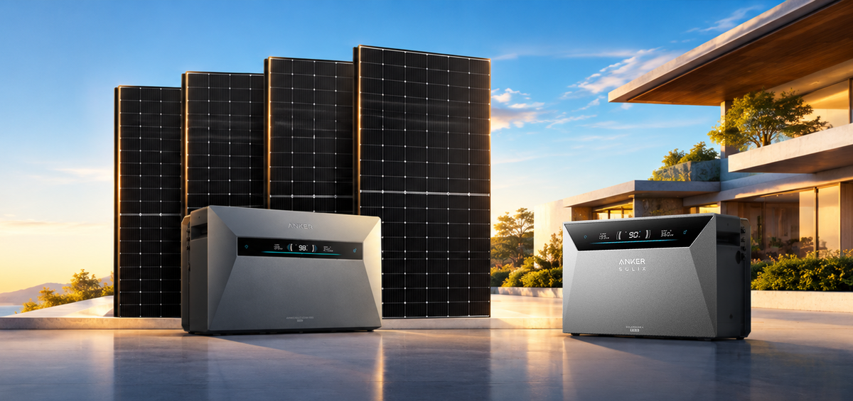 Anker SOLIX Speicher und Solarmodule vor einem modernen Zuhause