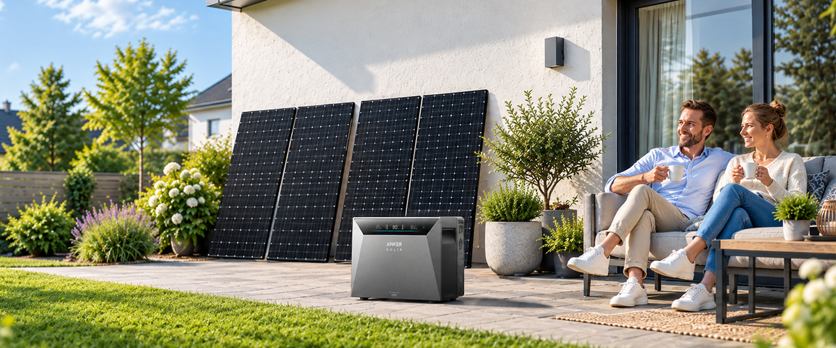 Illustrative Wohnszene mit Anker SOLIX Speicher und vier Solarmodulen